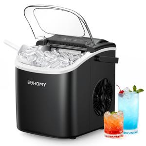 EUHOMY Countertop Ice Maker Machine with Handle, 26lbs in 24Hrs, 9 Ice Cubes Ready in 6 Mins, Auto-Cleaning Portable Ice Maker with Basket and Scoop, for Home/Kitchen/Camping/RV. (Black)