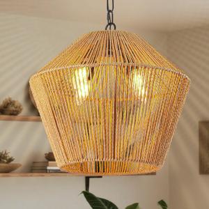 Rattan Light Fixture, 4-Light Boho Chandelier Kitchen Island Come with Brown Rattan Rope Lampshade, Dining Room Bedroom or Living Room