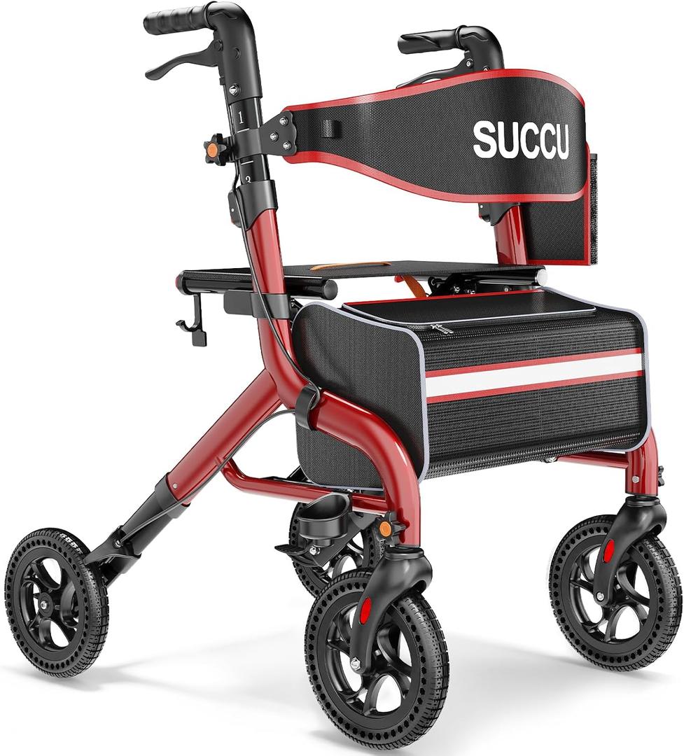 Walkers for Seniors with Seat, 8" All-Terrain Rollator Walker, Foldable Aluminum Rolling Walker, 350lbs Heavy Duty Capacity, Adjustable Handle Height - Red