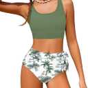 Girl Swimsuit Bikini Set Tropical Print Bathing Suit Two Piece Girls' Swimwear with Tie Side Knot (15-16 Years, Green Palm)