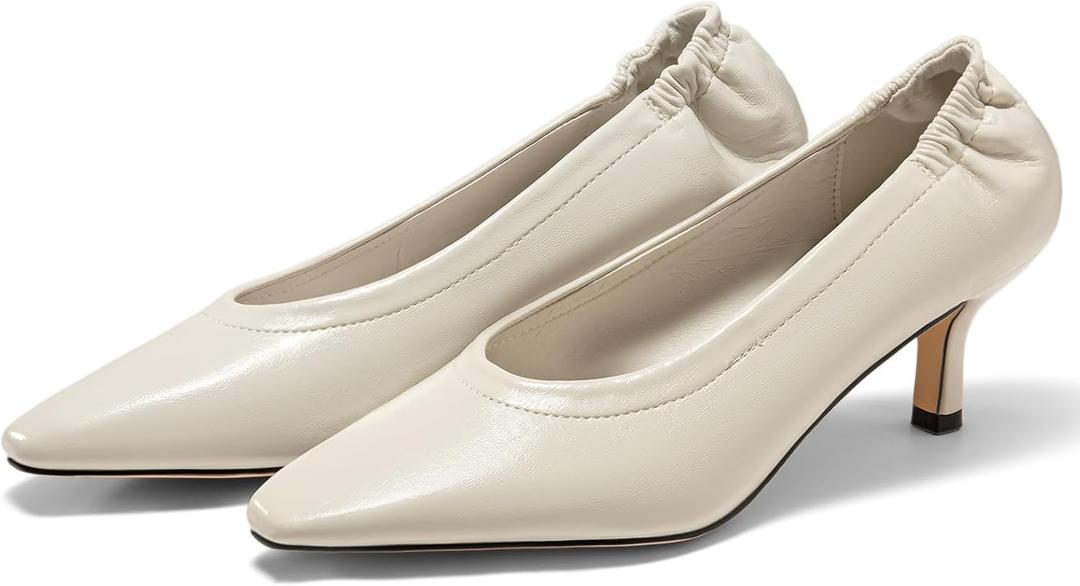 Coutgo Womens Dress Shoes Low Kitten Heels Square Pointed Toe Slip On Crinkled Work Pump Shoes (8, Beige)