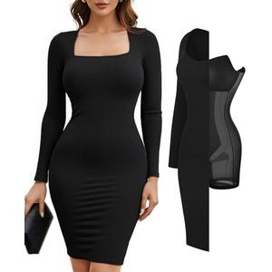 Popilush Dress Womens Long Sleeve Midi Bodycon Square Neck Dresses Shapewear Tummy Control Built-in Bra Party Going Out XXL