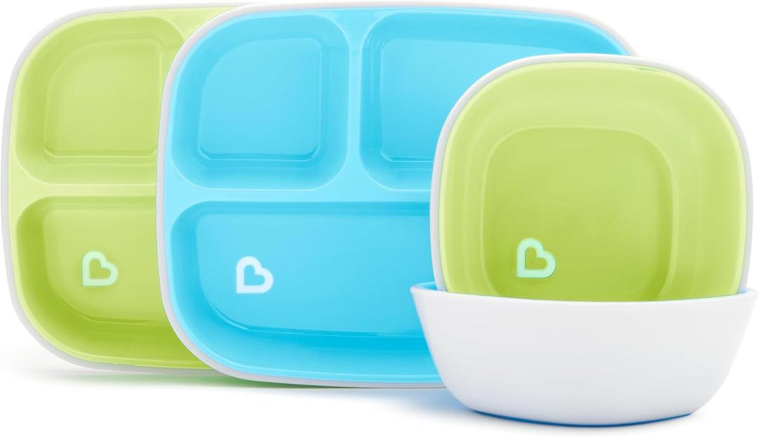 Munchkin Splash 4 Piece Toddler Divided Plate and Bowl Dining Set, Blue/Green