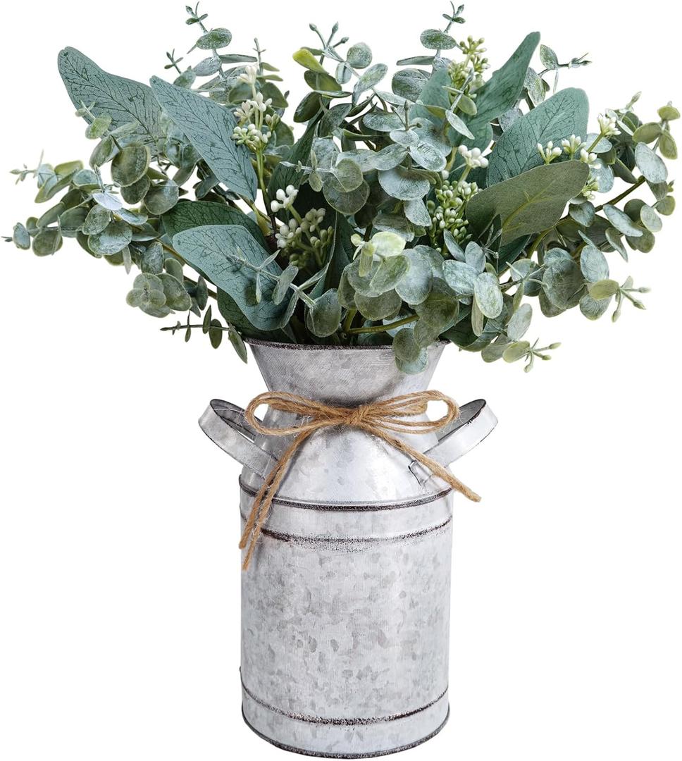 Winlyn Artificial Eucalyptus Stems in Rustic Metal Milk Can Vase Faux Plants Eucalyptus Leaves Stems with White Seeds Greenery Arrangement 13.4" Tall for Farmhouse Home Wedding Table Centerpiece Dcor