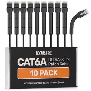 Everest Ultra Slim Cat6a Ethernet Patch Cables 1ft (10-Pack) Black - 10GB Cat 6a Patch Cable - Bendable, Flexible & Thin Ethernet Cable - Space Saving 32AWG 550MHZ Cat6a Cables - 100% Copper Wires
