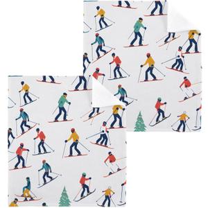 Soft Cotton Washcloths,Winter Sports Skiers Fingertip Towel Highly Absorbent Wash Cloths Quick Drying Bath Towel for Bathroom,Spa,Gym,Kitchen,Set 4