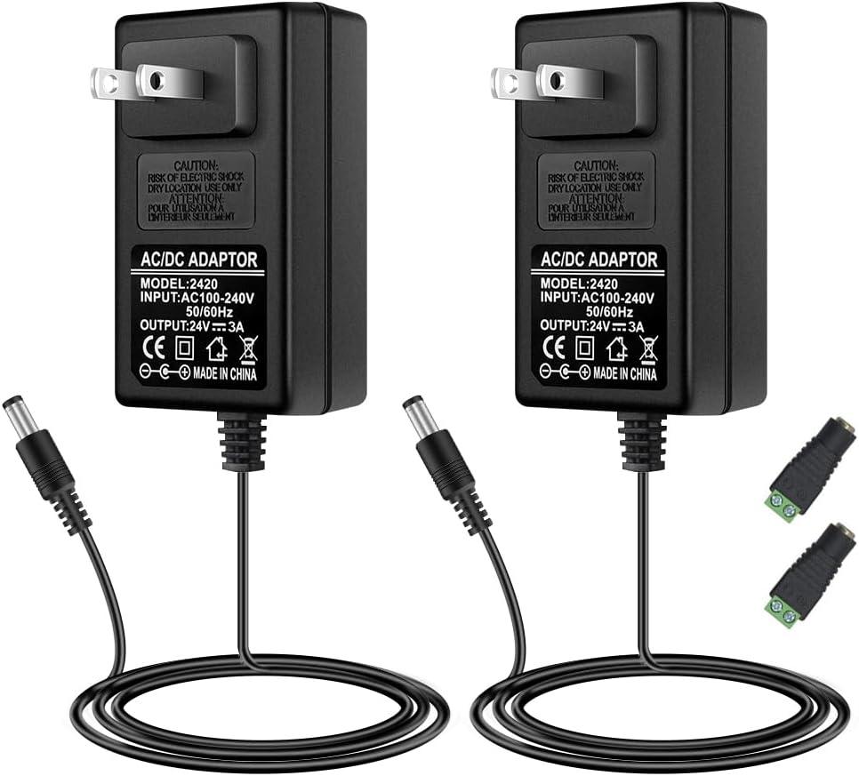 24V Power Supply, DC 24 Volt 2A 48W LED Lights Power Supply Adapter, 100-240V AC to 24V DC Transformer for LED Strip Lights, Wall Plug Power Supply with 5.5/2.1mm Jack Converter (2 Pack)