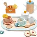 PairPear Wooden Tea Set for Little Girls, Wooden Toys Toddler Tea Set Play Kitchen Accessories for Kids Tea Party with Play Food