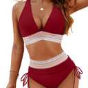 Blooming Jelly Women High Waisted Bikini Sets Tummy Control Swimsuits Color Block Two Piece Drawstring Bathing Suit (Large, Wine Red)