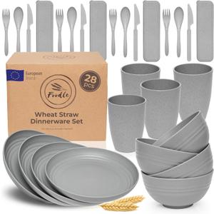 FOODLE Wheat Straw Dinnerware Set - BPA Free & Safety Tested - Microwave & Dishwasher Safe - Perfect for Picnic, Dorm, RV Dishes - Camping Plates Cups and Bowls Set - Great for Kids & Adults - For 4