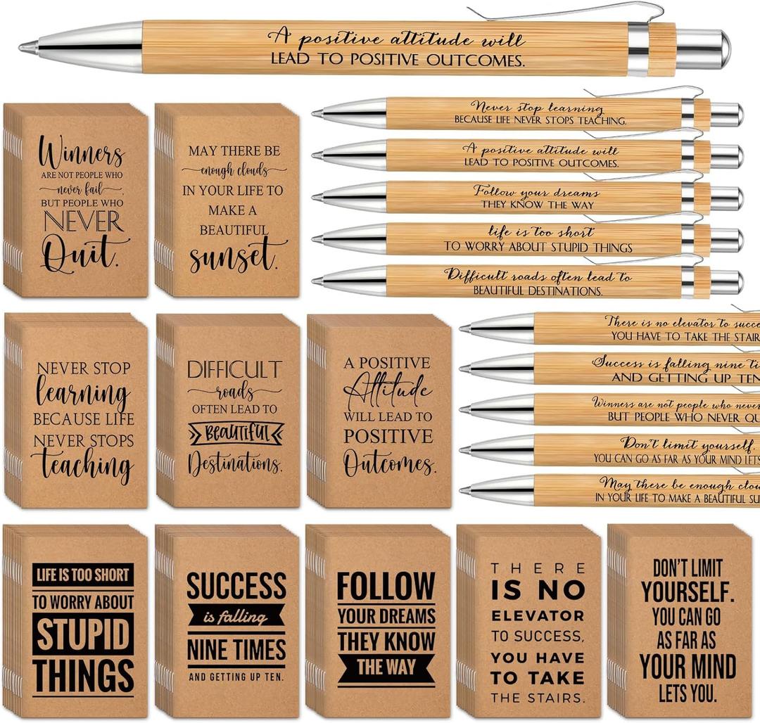 PerKoop 200 Pcs Inspirational Notebooks Motivational Pens Thank You Wood Bamboo Pen Kraft Notebooks Employee Appreciation Gifts Bulk Pocket Journals Party Favors for Adults secretaries Team (Quotes)