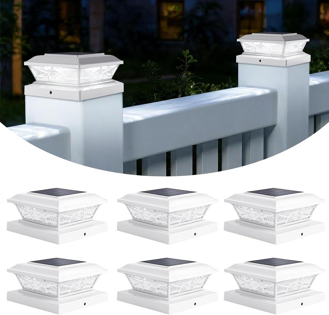 Brightever 4x4 3.5x3.5 Solar Post Cap Lights, 6-Pack Outdoor Solar Powered Fence Post Lights Fit Vinyl/Wood Posts, 2 Modes(Warm/Cool Light), Solar Waterproof Deck Post Lights for Garden, Patio, White