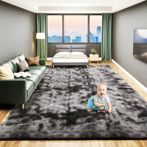 Large 8x10 Rugs for Living Room, Luxury Fluffy Shag Fuzzy Plush Soft Modern Area Rugs, Big Thick Soft Nursery Rug, Anti-Skid Fluffy Indoor Carpets for Kids Room Home Decor, Tie-Dyed Dark Grey