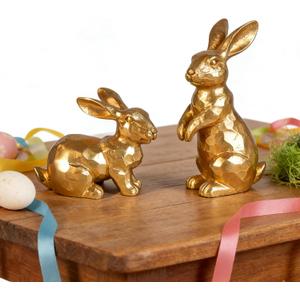 Easter Bunny Decorations,Vintage Gold Rabbit Figurine, Small Resin Bunnies for Home Spring Farmhouse Decor (Gold Faceted-2PCS)