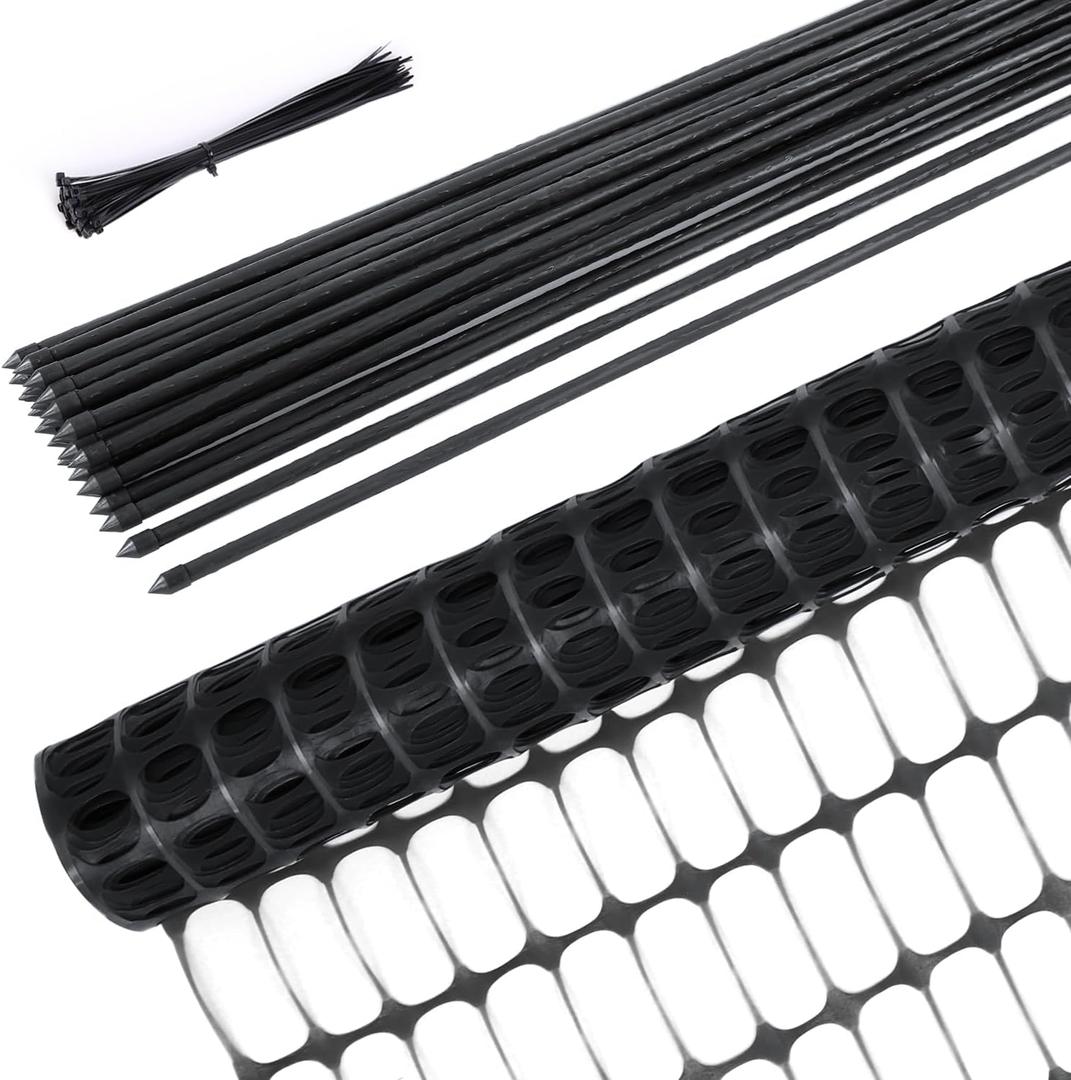 Garden Fence Animals Barrier Set: Ohuhu 3.4x100 FT Plastic Fence Roll with 25-Pack 4 FT Stakes Temporary Safety Netting, Reusable Pool Fencing Snow Fence Poultry Fences for Deer Chicken Dog, Black