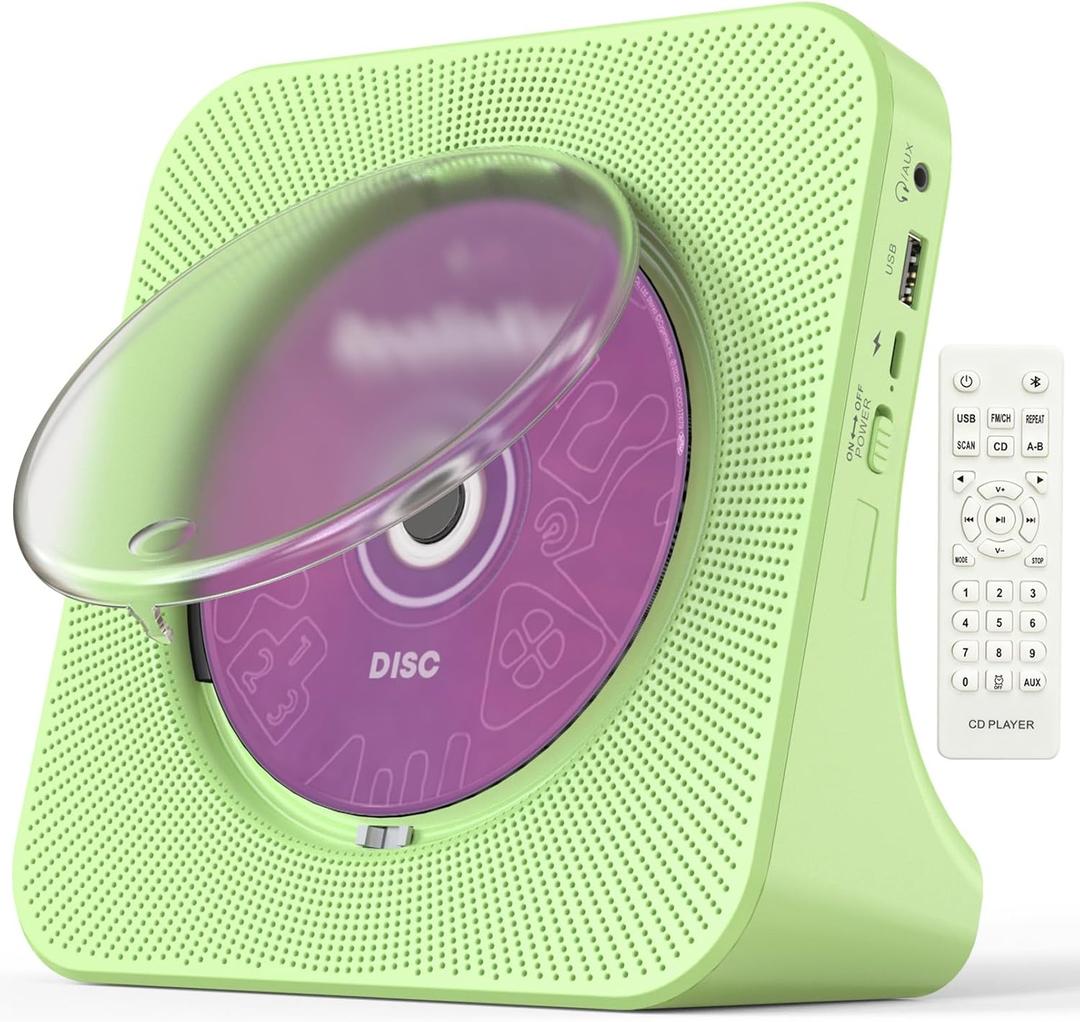 Desktop CD Player with Speakers, Bluetooth, FM Radio, Remote, USB/AUX, Wall-Mountable or Tabletop, AC Powered, Green