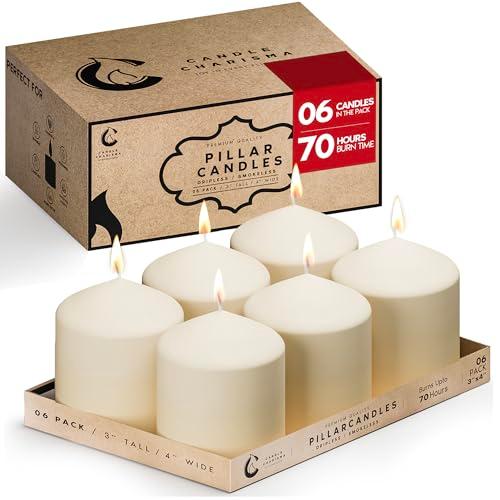 Candle Charisma Ivory Pillar Candles Bulk Pack of 6 – (3x4 Inch) Long-Lasting 70-Hour Burn, Dripless & Smokeless – Perfect for Hassle-Free Decor at Weddings, Fall Table Centerpieces & Special Events
