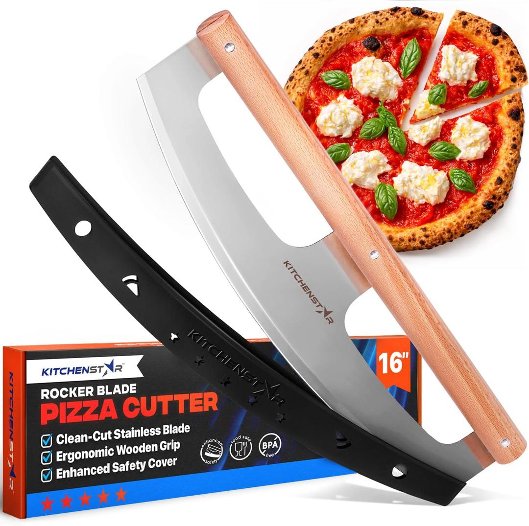 KitchenStar 16-Inch Pizza Cutter Rocker Blade - Razor Sharp Stainless Steel Slicer Knife, Stylish Beech Wood Handle, Protective Cover - Professional Pizza Oven Accessories, Silver
