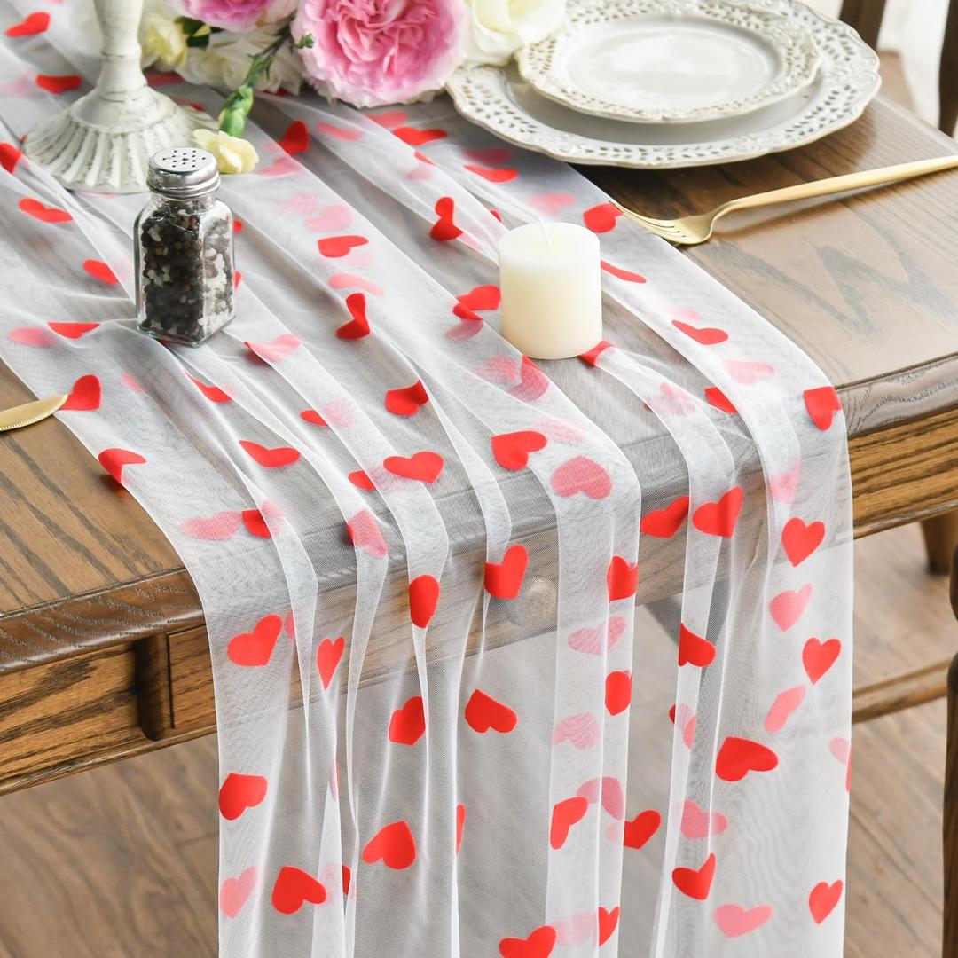 Artoid Mode White and Red Heart Gauze Table Runner 120 Inch 10FT, Mother's Day Sheer Dining Anniversary Wedding Table Decor for Home Party (28" x 120")