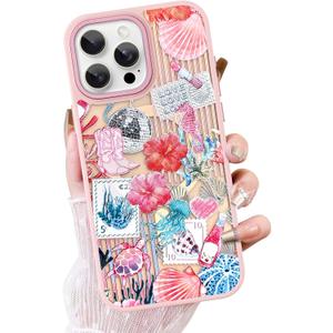 OOK Case for iPhone 15 Pro Max [Compatible with MagSafe], Luxury Gilded 3D Textured Pink Coastal Beach Ocean Sea Shell Floral Collage Frosted Shockproof for Women Girls Magnetic Phone Cover