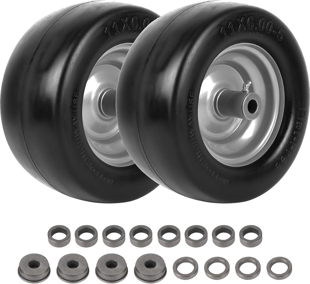 AR-PRO (2-Pack) 11x6.00-5 Flat Free Tire and Wheel - Universal 11x6-5 Solid Rubbe Riding Lawn Mower Tire with Rim - With 5.9"-8.1" Centered Hub and 3/4" Bushings - Fit Most Zero Turn Mowers (Silver(Smooth Tread))