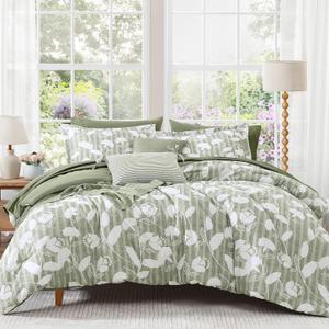 BLOOMHAVEN King Comforter Set -7 Pieces Sage Green Floral Comforter Set for All Seasons, Bed in a Bag King with Botanical Flowers Comforter, Sheets, Pillowcases & Shams