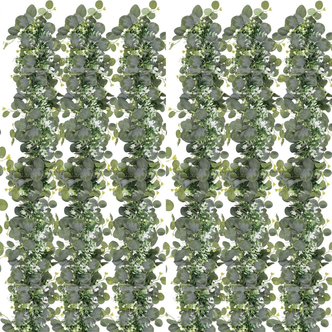 N&T NIETING 6 Pack Artificial Eucalyptus Leaf Garland, Faux Greenery Garland Decor 6 FT Summer Garland, Fake Hanging Vines Garlands for Decoration Table Mantle