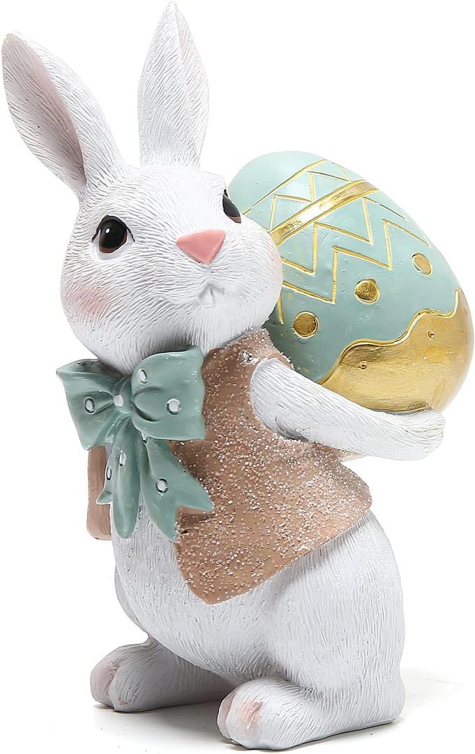 Hodao 5.5 Inch Polyresin Bunny Decorations Spring Easter Decors Figurines Tabletopper Decorations for Party Home Holiday Cute Rabbit Easter Gifts (Blue)