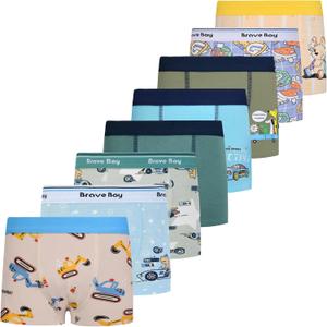 Boys Breathable Dinosaur Car Cotton Boxer Brief Underwear Sets (9-11 Years, Brown-8 Pack)