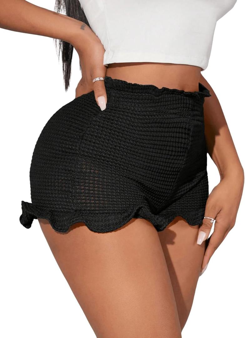 WDIRARA Women's Crochet Ruffle Shorts Elastic Waist Frilly Mini Shorts (Medium, Black)