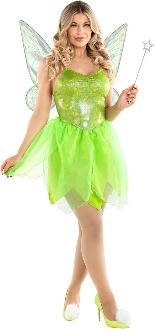 Morph Green Fairy Costume With Wings Women Halloween Costumes For Women Fairy Wings Green Dress Bell Women's Costume Adult (Medium)
