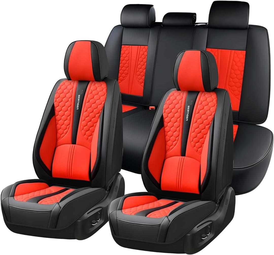 Red 3D Massage Granule Car Seat Covers Fixed Lumbar Support, Breathable Leather Universal Protectors Compatible with Sedans/SUVs(Red)