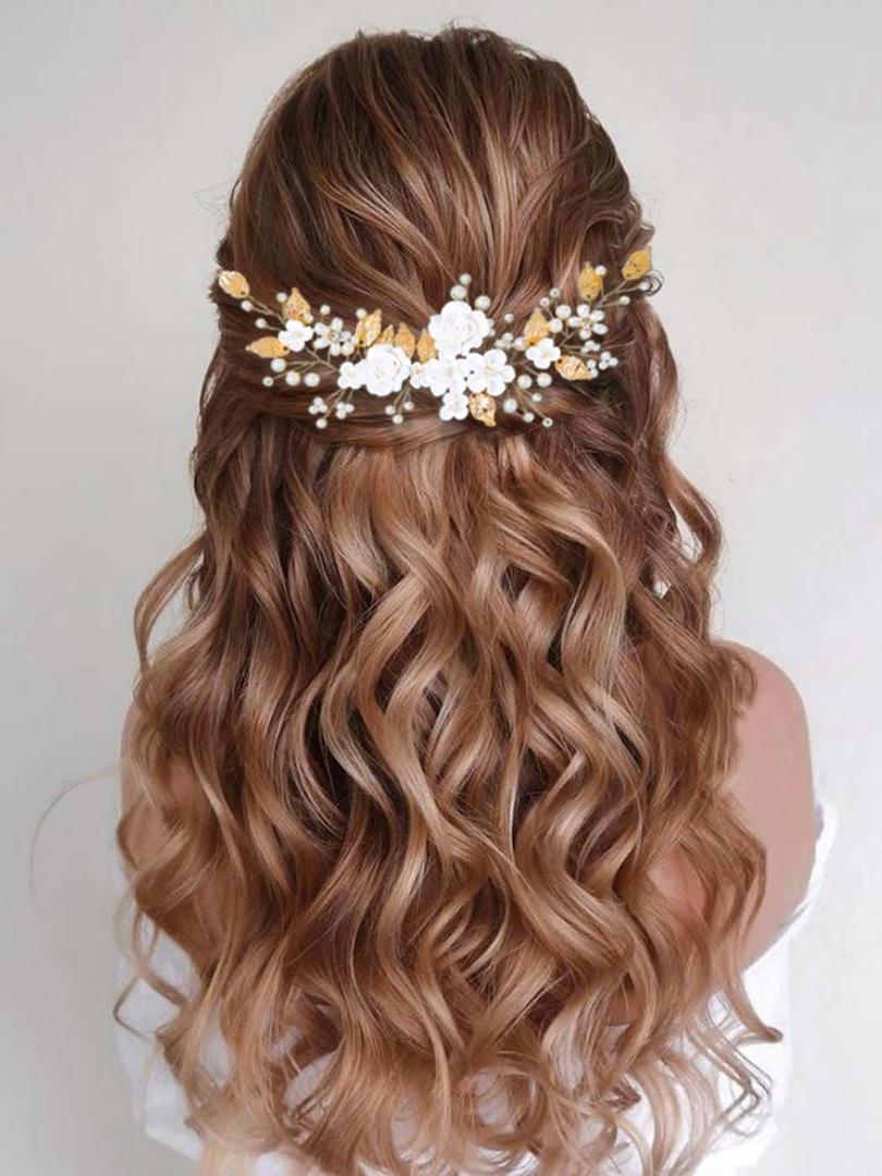 CASDRE Flower Bride Wedding Hair Vine Pearl Bridal Headpiece Leaf Hair Accessories Hair Piece for Women and Girls (B Gold)