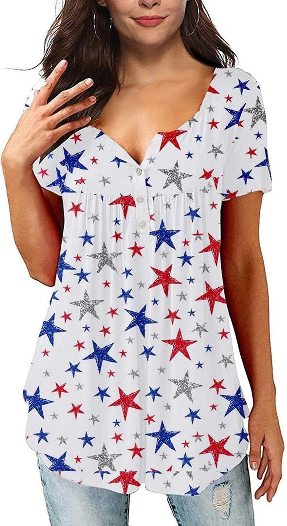Women's Henley V-Neck Button Pleated Front Memorial American Flag Red White Blue Holiday Tunic (Medium)