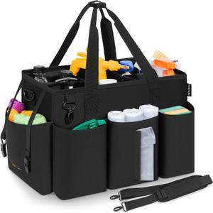 Wearable Cleaning Caddy Bag for Cleaning Supplies, Large Capacity Cleaning Organizer Tote Bag Simple Kitchen Cleaning Supplies Storage Bag for Cleaners Housekeepers (Black) (15L x 8.7W x 10.2H inch)