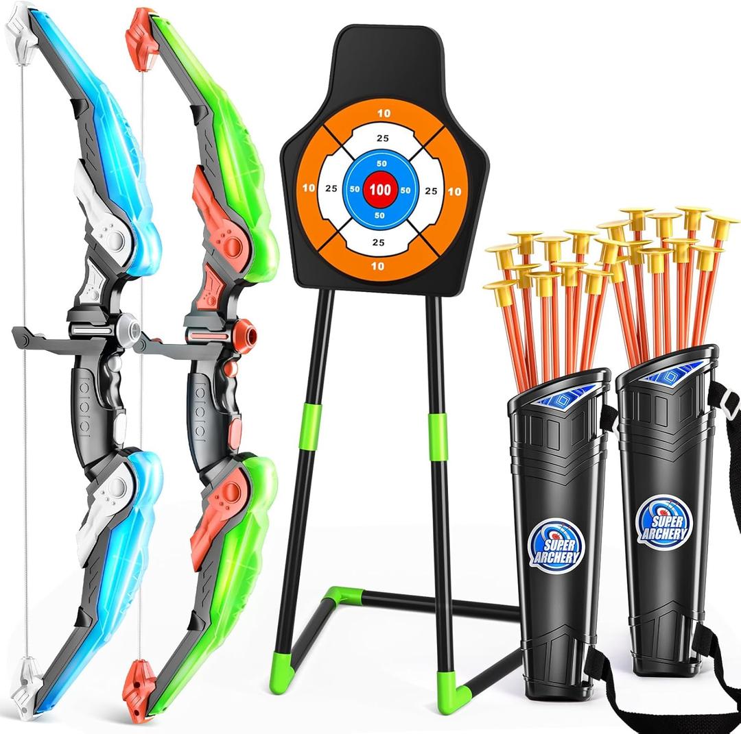 TEMI 2 Pack Archery Set - Includes 2 Bows, 20 Suction Cup Arrows & 2 Quivers & Standing Target, Outdoor Light Up Toys for Kids Boys Girls (Green and Blue)