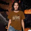 Halloween Shirts for Women Spooky Mama T-Shirt Funny Leopard Cobwebs Crewneck Tee (Brown, XL)