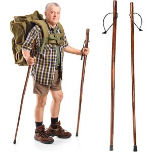 2 Pack Wood Walking Stick, 48 in Natural Wooden Walking Cane, Rustic Cedarwood Hiking Sticks Trekking Poles with Wrist Strap and Rubber Tip for Outdoor Activities, Women, Men, Seniors