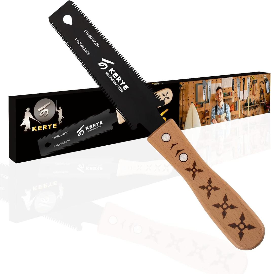 KERYE Mini Japanese Pull Saw, 6 Inch Double Edges Sided Small Flush Cut Hand Saw for Wood Cutting, Woodworking Tools with SK5 Flexible Blade 11/17 TPI, Gifts for Men/Women-KY05 (Black)