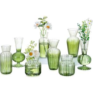 Hewory Small Ribbed Glass Bud Vases Set of 8 Green Flower Vase Centerpieces - Modern Minimalist Cute Mini Decorative Bulk Vases for Wedding Bridal Shower Birthday Party Events Dining Room Table Decor