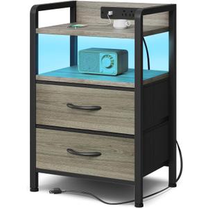 Night Stand Bedside Charger Bedroom - Grey Nightstand with Charging Station & LED Light Strip, Morden End Table with USB Ports & AC Outlets, Night Stand with Storage Shelf & 2 Fabric Drawers