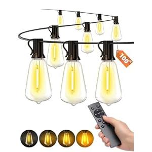 VOZUJI Outdoor Patio String Lights: 100Ft 30M Outside Waterproof Light - Remote Dimmable ST38 Shatterproof Bulb Connectable Hanging Outdoor Electric Lighting - Backyard Yard Gazebo Porch Party