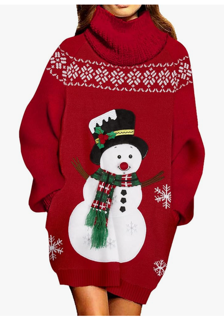 Christmas Sweater Dresses for Women Oversized Turtleneck Pullover Holiday Dress with Pocket, L