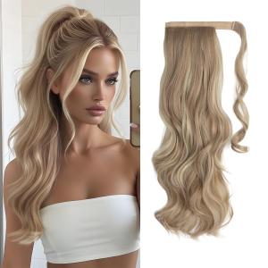 CJL HAIR 22" Long Ponytail Hair Extension Wrap Around Pony Tail Clip in Curly Wavy Synthetic Fake Hairpiece for Women Dirty Blonde