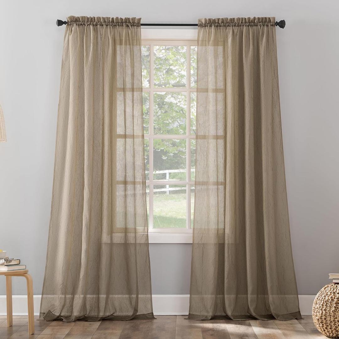 No. 918 Erica Crushed Sheer Voile Rod Pocket Curtain Panel, 51" x 95", Taupe