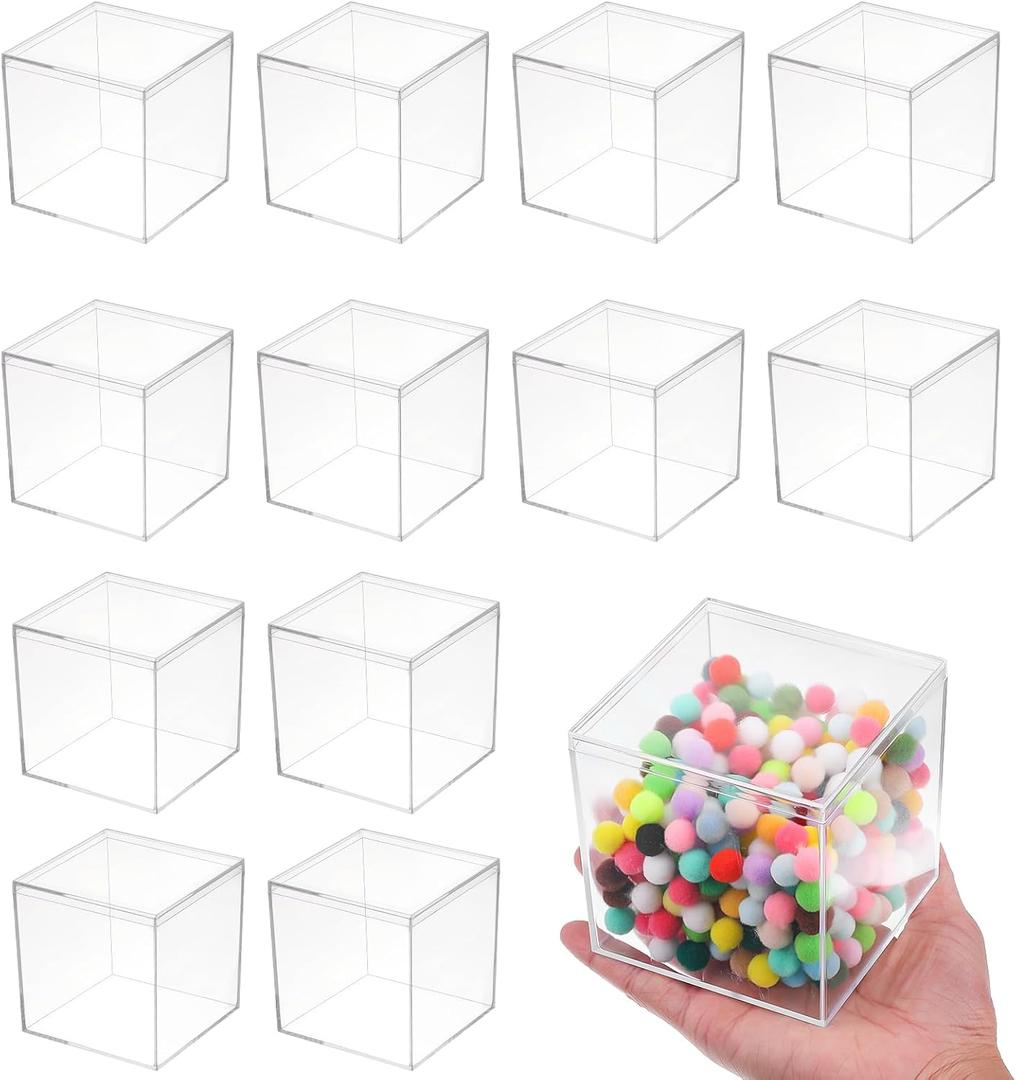 12 Pcs Clear Acrylic Plastic Jewelry Box Mini Storage Box Mini Cube Containers with Lids for Candy and Tiny Jewelry(3.3 x 3.3 x 3.3 Inch, Classic Style, Square)