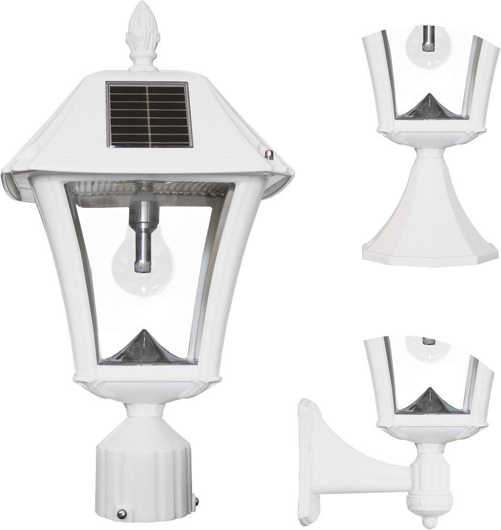 Gama Sonic Baytown II Bulb White Outdoor Solar Light, Single Post Light with 3 Mounting Options, 3in. Fitter for Lamp Posts, Flat Mount for Column Light and Wall Light Mount, Resin (105B233)