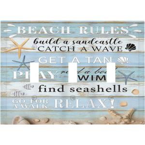 Decorative Switch Plate Covers Beach Rules Starfish Rustic Blue Grey Wood Board 3 Gang Wall Plate Light Switch Cover Plate Triple Toggle Jumbo Electrical Faceplate for Cabin Farmhouse Decor