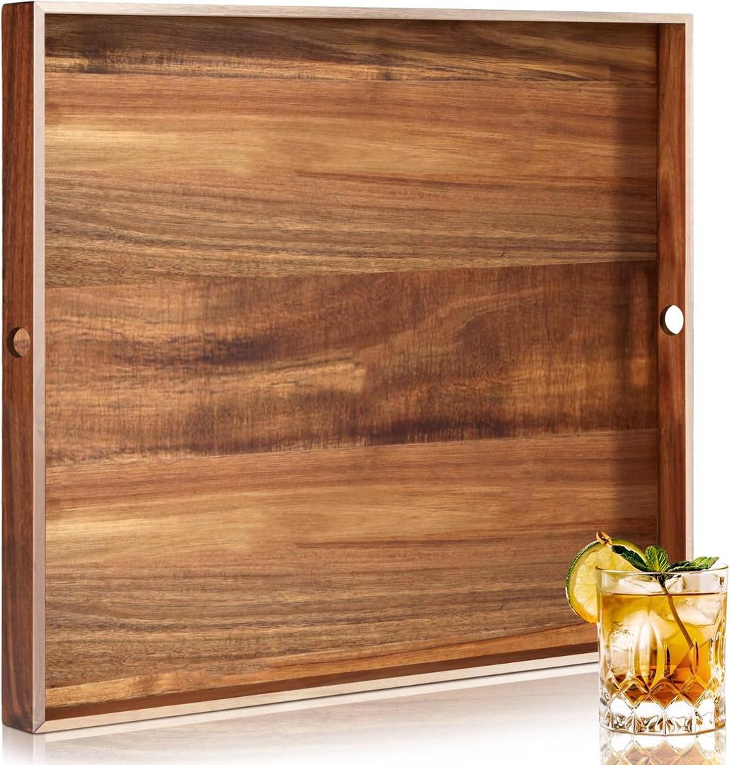 RattanView 24 Inch Extra Large Square Ottoman Table Tray with Handles Large Acacia Wood Serving Decorative Ottoman Wood Tray for Kitchen Coffee Sofa Table Organizer Storage Topper