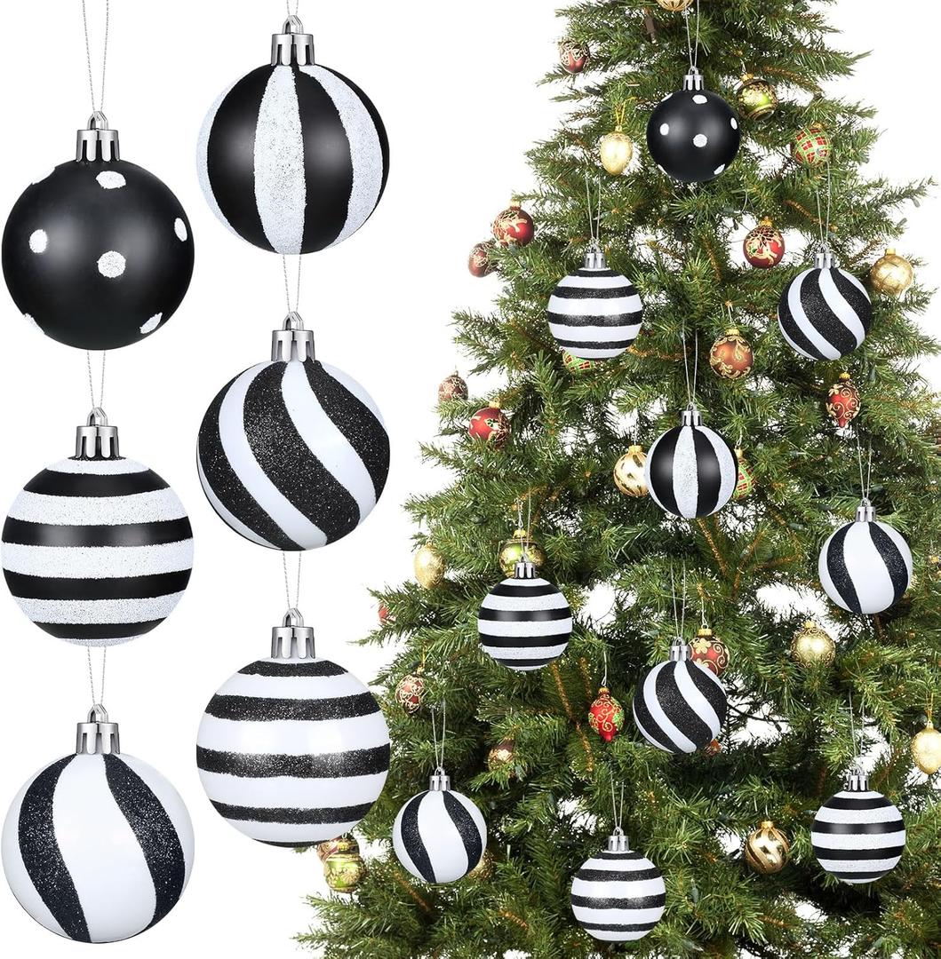 Riceshoot 24 Pcs Christmas Black and White Ball Ornaments Xmas Plastic Stripe Dot Hanging Ball for Christmas Tree Party Decoration Supplies(2.36 Inch) (Classic Style)